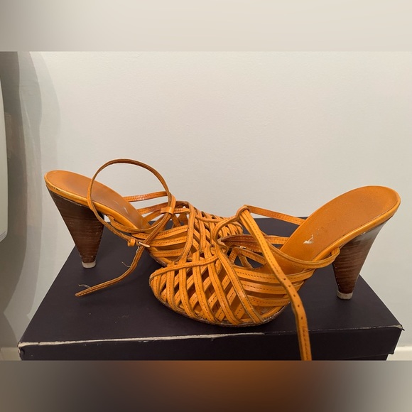 Prada | Orange Basketweave Ankle wrap Wooden Heels - Picture 4 of 6